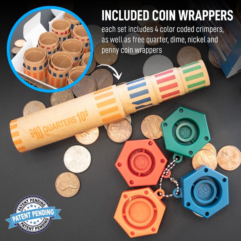 Nadex 48 Assorted Preformed Crimped End Coin Roll Wrappers with Color Coded Coin Wrapper Crimping Tool (Patent Pending), 12 Each of Nickels, Dimes, Pennies and Quarters - Image 2